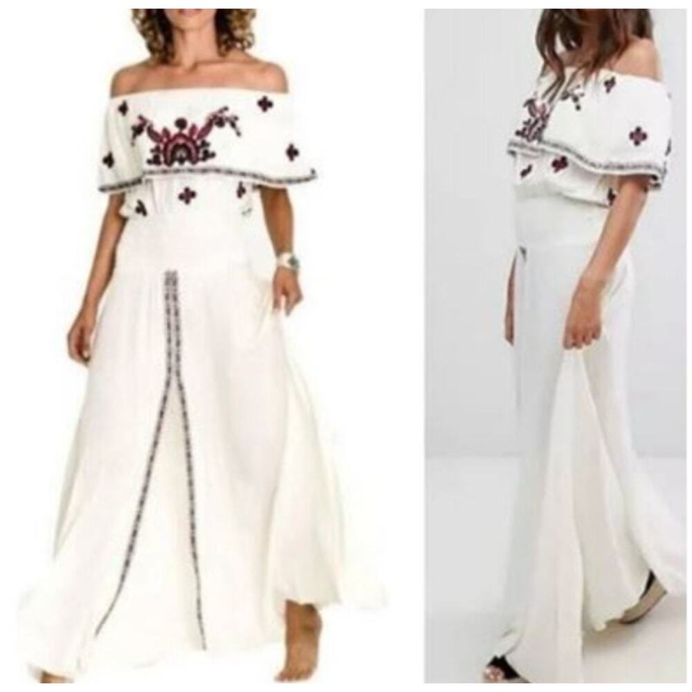RAGA Off the Shoulder Ruffle Embroidered Maxi Dress Ivory Medium - Picture 11 of 11